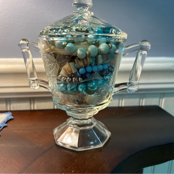 Mystery Vintage Glass Candy Dish with Lid Full of Jewelry - Picture 2 of 9